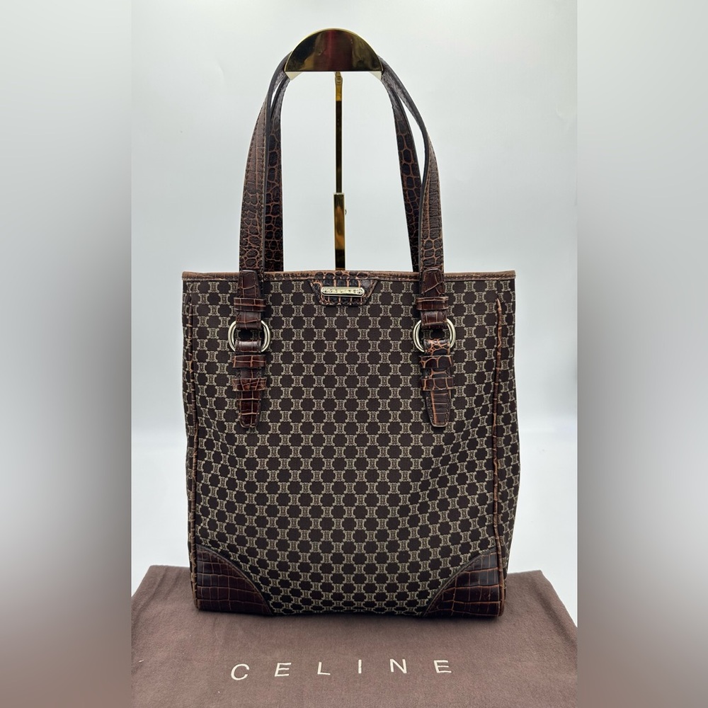 Celine Vintage Brown Monogram Canvas Tote with Croc Trim